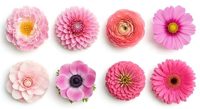 A collection of pink flowers on a white background