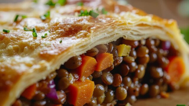 Delicious Lentil and Vegetable Strudel Close-up.