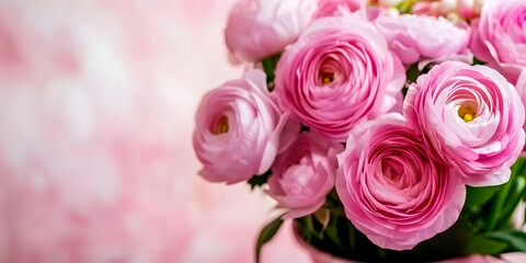 Obraz premium Pink ranunculus flowers arranged in a decorative vase against a soft pink background, showcasing their layered petals and vibrant color