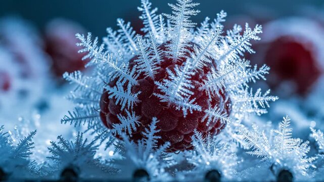 Frozen Raspberry with Ice Crystals - A Stunning Macro Photography.
