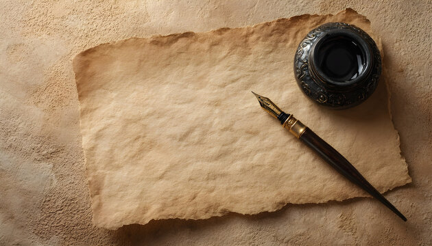 Old paper sheet with nib pen and inkwell on beige background