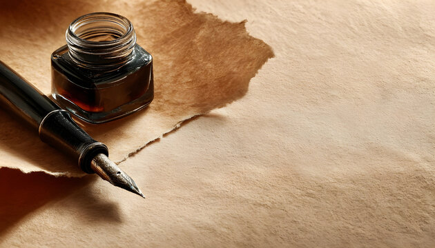 Old paper sheet with nib pen and inkwell on beige background