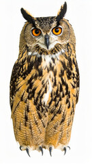 Obraz premium Owl Sitting on White Background, Wild Nocturnal Bird Close Up No Shadow