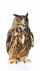 Fototapeta premium Owl Sitting on White Background, Wild Nocturnal Bird Close Up No Shadow