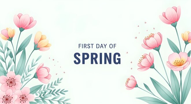 First Day of Spring, Watercolor Card with Flowers