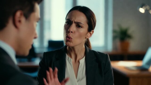 Assertive Businesswoman Expressing Strong Opinion to Colleague During Intense Workplace Discussion