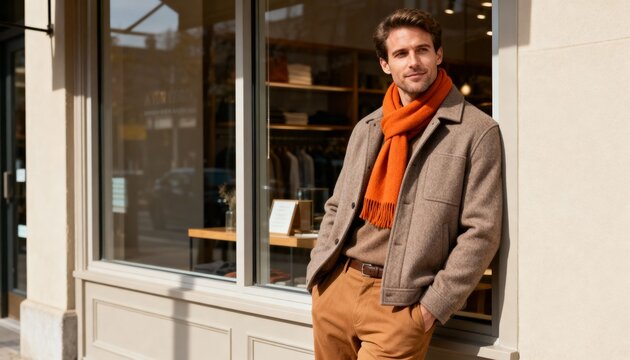 A handsome stylish man in autumn fashion leaning against a storefront. Confident male model wearing a brown jacket and orange scarf in an urban city setting