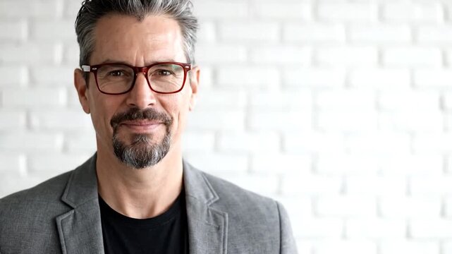 Portrait of a middle-aged man with glasses, smiling in front of a white brick wall
