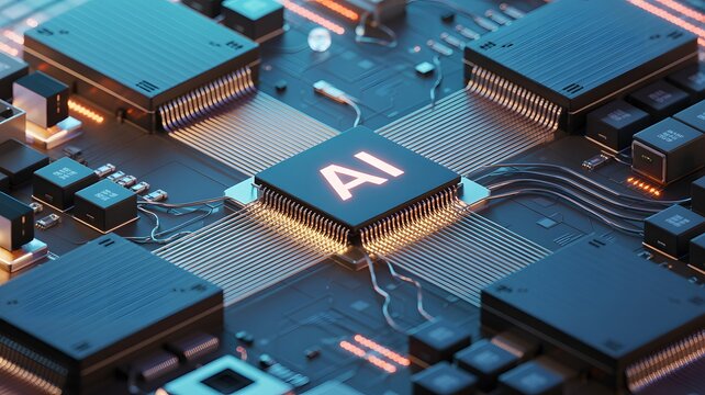 A detailed close up view of a sophisticated artificial intelligence processor unit glowing brightly on a dark circuit board surrounded by numerous electronic components and intricate data pathways dep