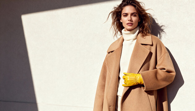 Stylish woman in a camel coat and yellow glove posing outdoors. Elegant autumn fashion model looking at the camera against a sunlit wall with copy space