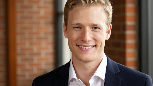 Portrait of a young, blonde man in a suit, smiling broadly with a brick background