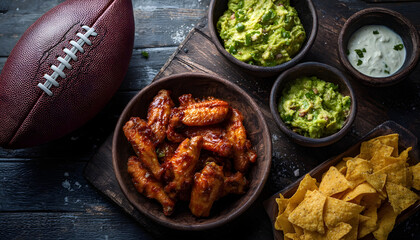Game day food spread with barbecue chicken wings and an american football. Tailgate party snacks with chips, guacamole, and dip for watching sports