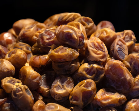 Closeup of dried Khalas Dates at a food market