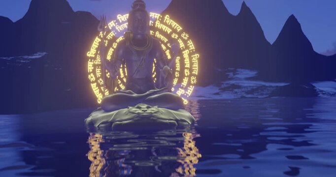Create a mystical video of a Shiva statue meditating on a lotus base in the middle of a serene lake at twilight. The camera starts underwater and slowly rises to reveal the statue