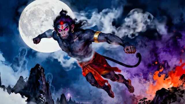 A fantasy digital art piece shows the dark-skinned monkey deity Hanuman, with red glowing eyes and a forehead mark, flying horizontally through a dramatic night sky