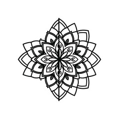 Intricate mandala design featuring symmetrical geometric and floral patterns in black and white