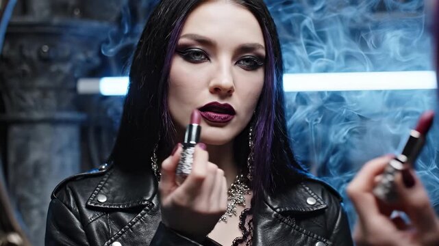 A woman applies dark lipstick in front of a mirror. The woman has long black hair and wears a leather jacket, surrounded by a smoky atmosphere.