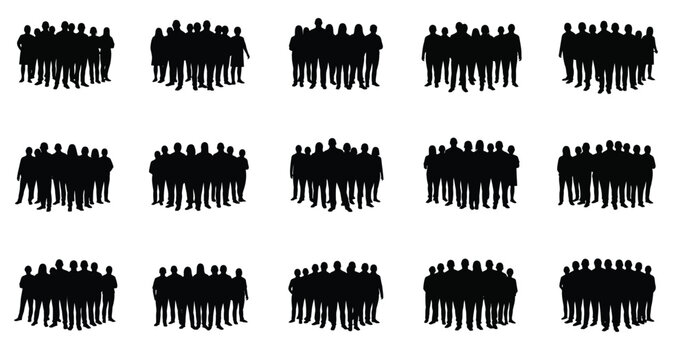 Collection of fifteen distinct black silhouette groupings representing diverse crowds of people standing together in formation.