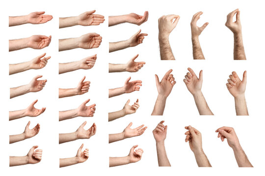 Men holding something, closeup. Set of hand gestures isolated on white