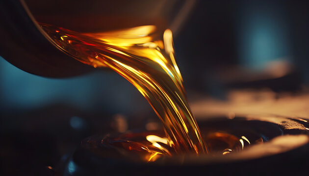 Close-up, high-angle shot of motor oil being poured into an engine, capturing the fluid motion. Ideal for a video on car maintenance.