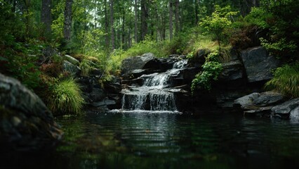 Obraz premium Waterfall cascading into a dark pond in a lush forest.