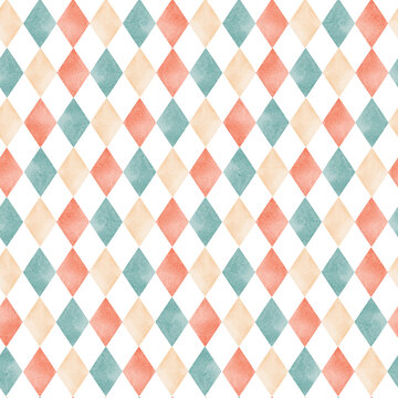 Rhombus seamless pattern in watercolor hand painted style. Decorative design for packaging, textile, wallpaper, festive projects. Abstract geometric shapes with retro and classic charm.