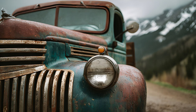 Handheld closeup of vintage 1940s pickup truck in the mountains