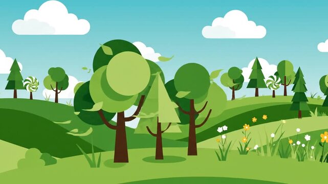 Whimsical cartoon nature scene with green hills, trees and blue sky