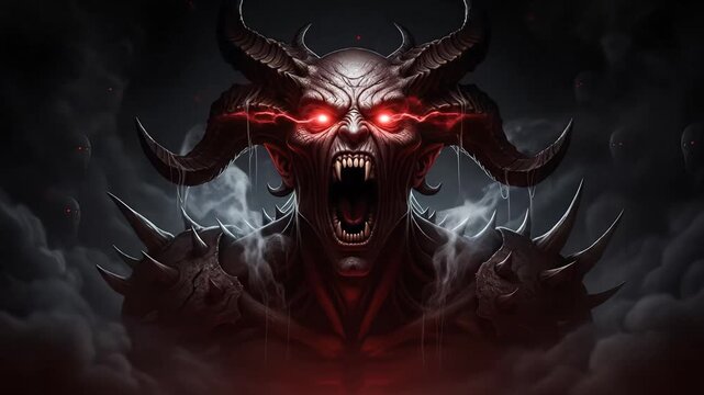 Demonic creature with glowing red eyes and horns, surrounded by dark smoke