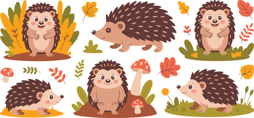 Cute Hedgehog Character Pose Set  Autumn Leaves, Mushrooms, and Woodland Animals © Creative Stoker