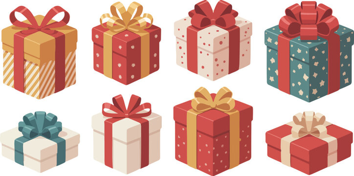 Realistic Gift Boxes Vector Set  Luxury Ribbons and Bows for Celebration