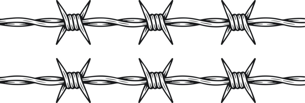 Curved Barbed Wire Vector Set  Hand Drawn Grunge Style Security Segments