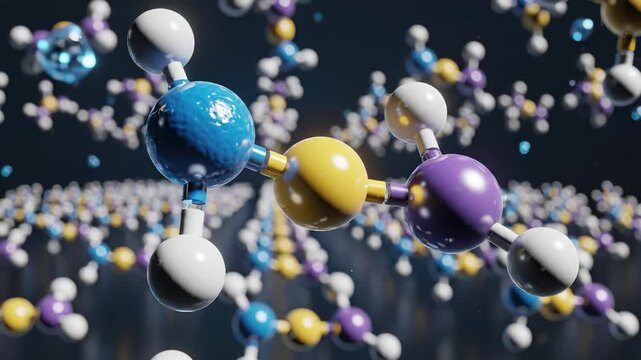 a detailed view of molecules interacting in a vast space filled with colorful spheres. The molecules include blue, yellow, and purple spheres that represent different atoms.