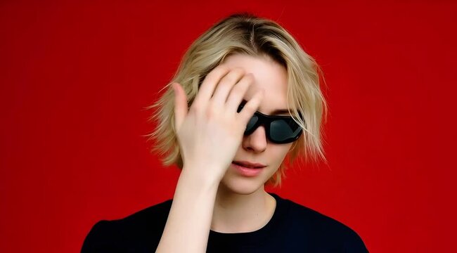 Young woman in sunglasses feeling headache stress on red background portrait
