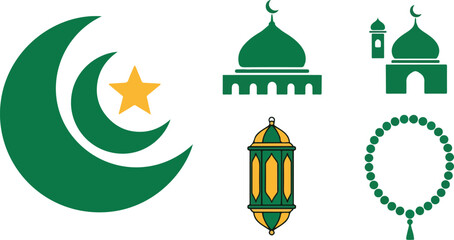 Naklejka premium Islamic symbols and mosque icons on a white background with green and yellow colors.