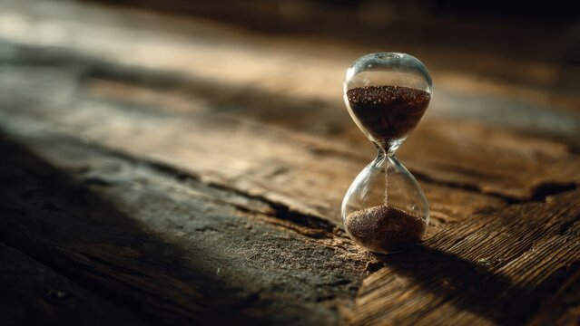 Hourglass on Rustic Wooden Surface