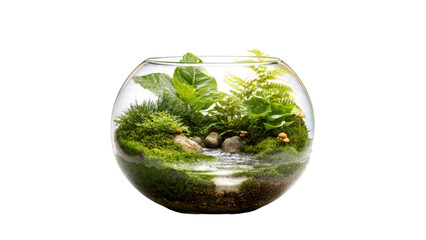Miniature forest ecosystem in glass terrarium