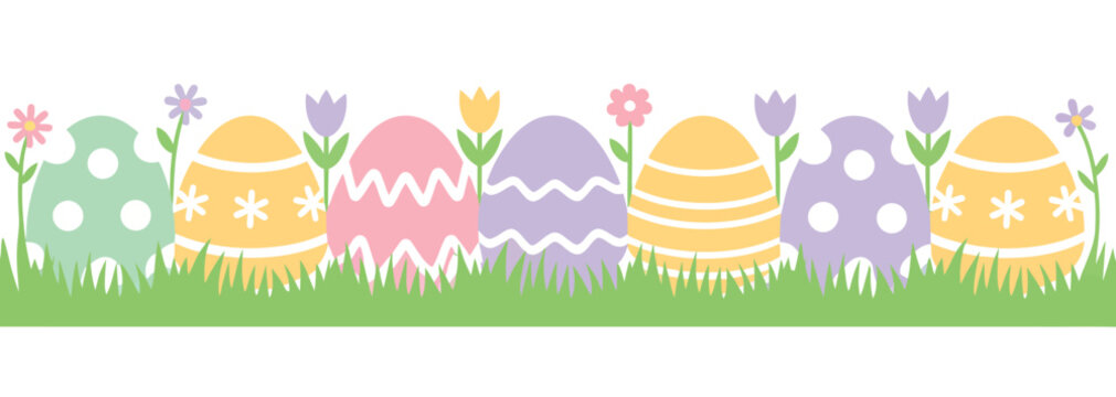 Colorful Easter Eggs and Flowers in Grass