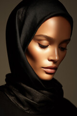 Naklejka premium Female model with black hijab and smooth skin poses gracefully, showcasing elegant facial features against a soft, neutral background