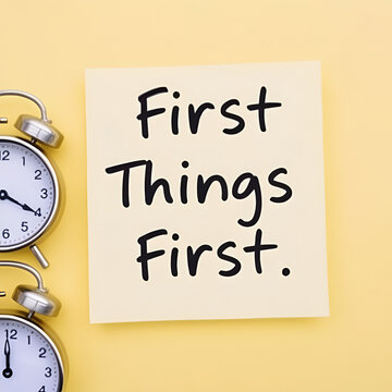 First Things First text message on sticky note with alarm clock on yellow background
