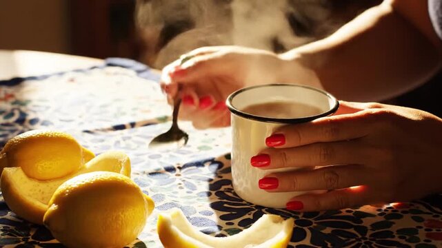 Woman's hands stirring steaming mug with lemons on patterned table