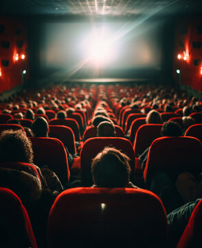 Audience watching a movie in a cinema with red plush seats and a bright screen illuminating the dark room, creating a cinematic atmosphere