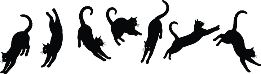 Black cat silhouettes in various poses feline animals © Riyaj Vector Valley