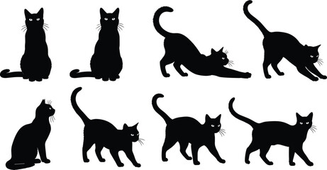 Black cat silhouettes in various poses on white background black cats feline animals © Riyaj Vector Valley
