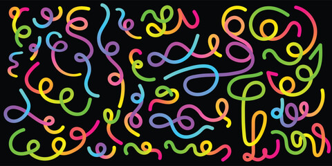 Obraz premium A vibrant abstract composition of colorful swirling lines and loops against a dark background