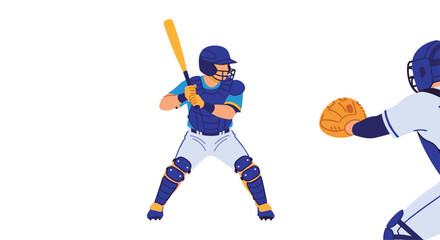 Obraz premium A baseball batter in full blue protective gear, helmet and chest protector, stands holding a bat, facing a partial catcher.