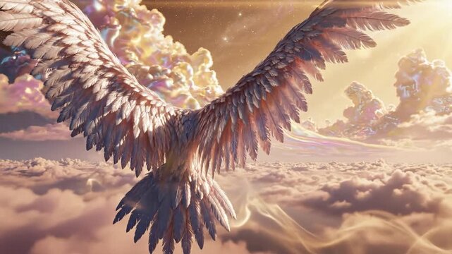 Expansive celestial realm with swirling iridescent clouds and winged mountain