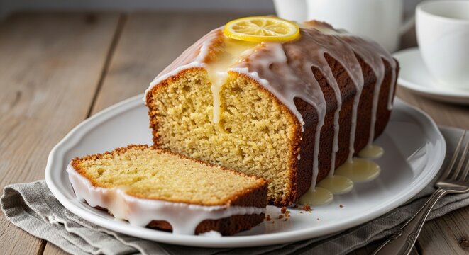 A moist lemon pound cake loaf with a thick white sugar glaze dripping down the sides, garnished with a fresh lemon slice