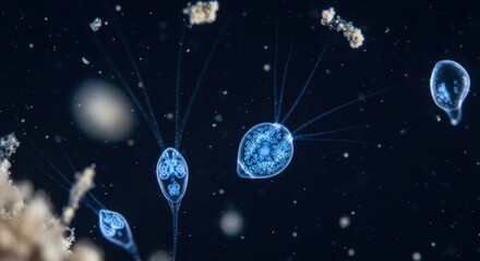 Fototapeta premium Microorganisms with translucent bodies and radiating cilia move through dark water, representing concepts of biology, science, marine life, and fundamental life forms