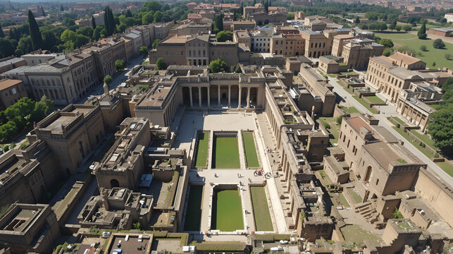 Aerial view of Baths of Caracalla located in Rome, Italy. They were important thermae and public baths of ancient Rome and today they are a visitable monument.